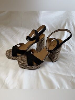 Sam Edelman Black Strappy Platform Sandals with Woven Block Heel